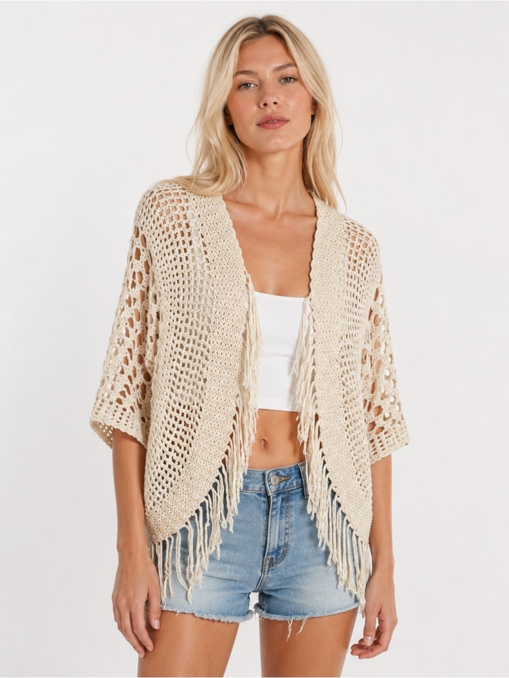 Chicos Cream Open Knit Crochet Cardigan Fringe Cottage Boho Kimono Size 2 Sz L